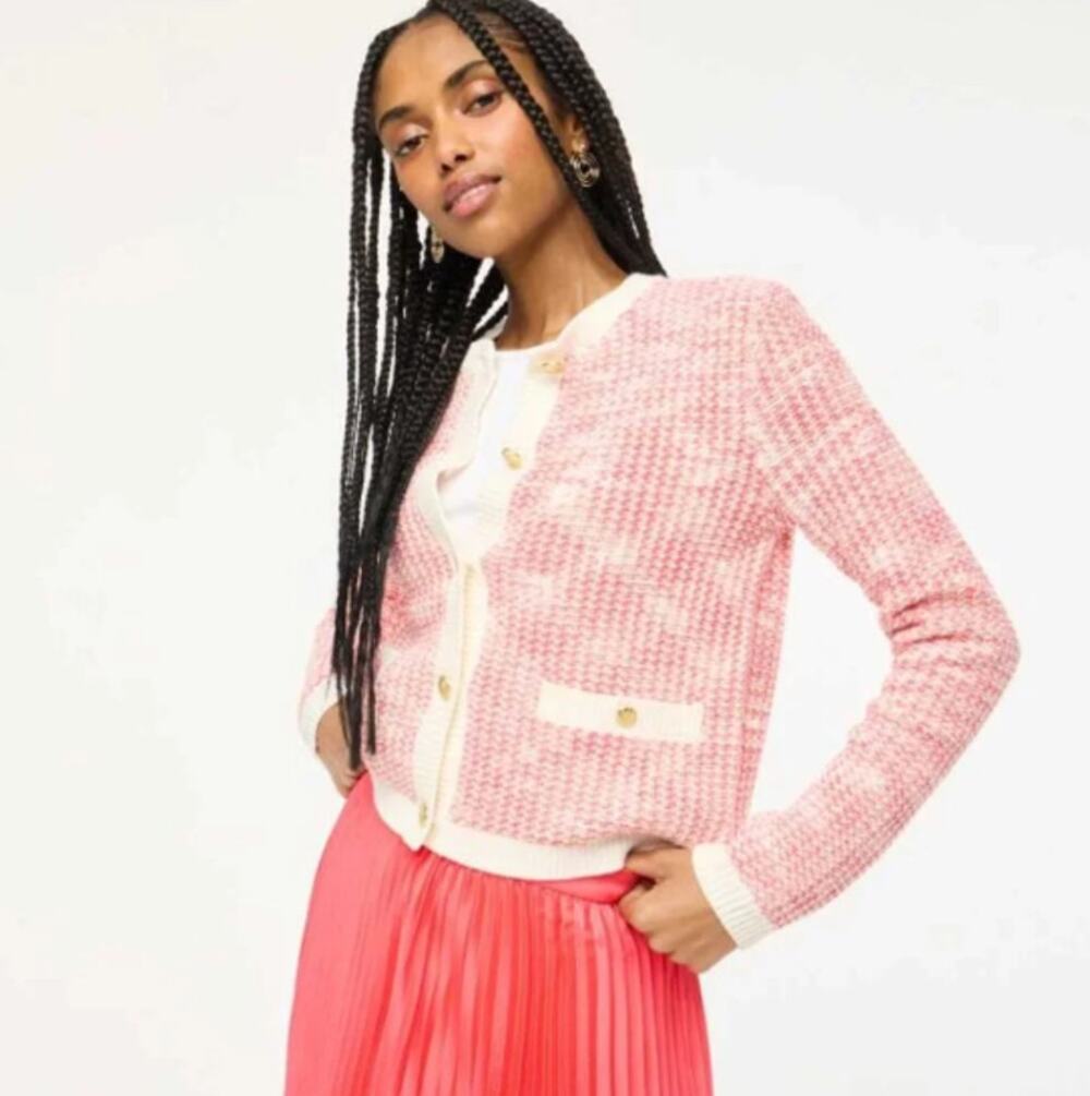 J. Crew Lady Cardigan Sweater Womens Size L Pink White Tweed Knit Gold Buttons